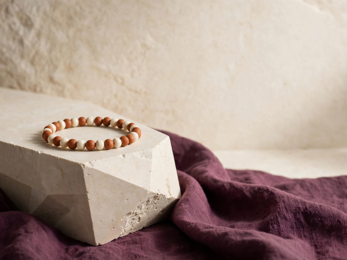 An earthy bead bracelet on a sculptural stone plinth