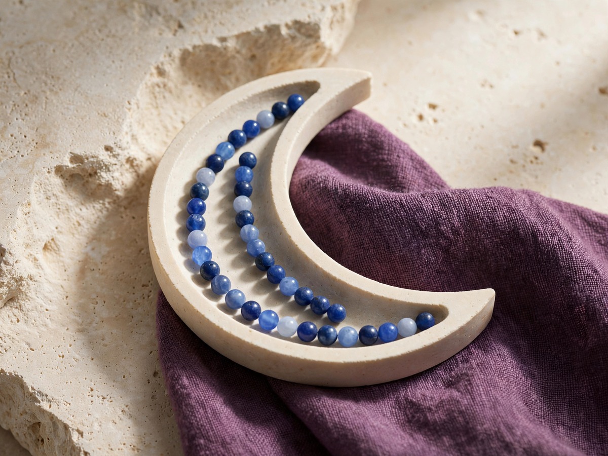 Blue beads arranged in a crescent dish