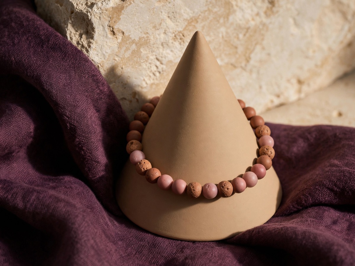 Rose-colored bracelet resting on a tan display cone
