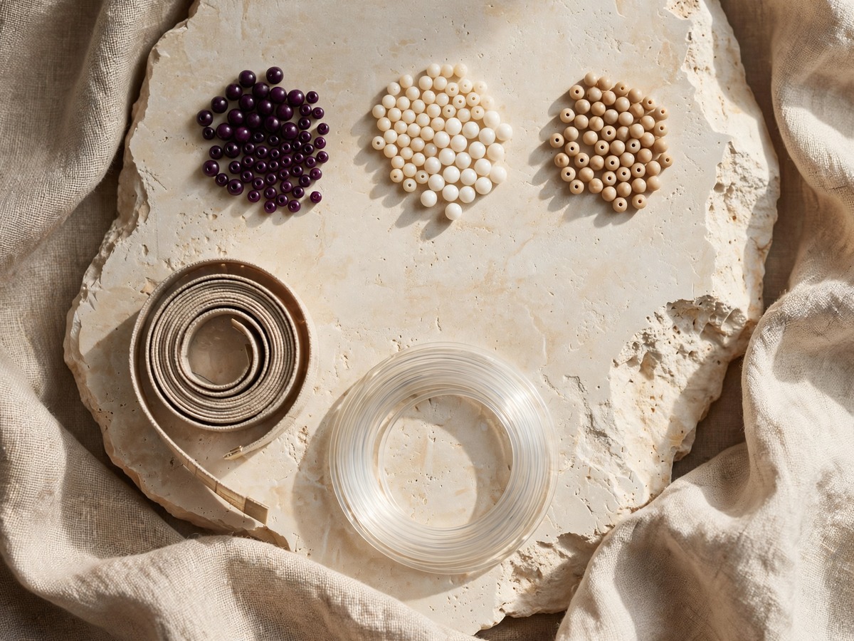 Sorted beads, cord and a flexible measuring tape