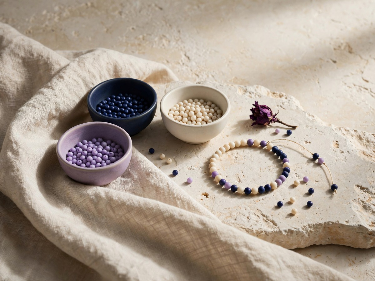 Color-separated bead bowls and a partly made bracelet