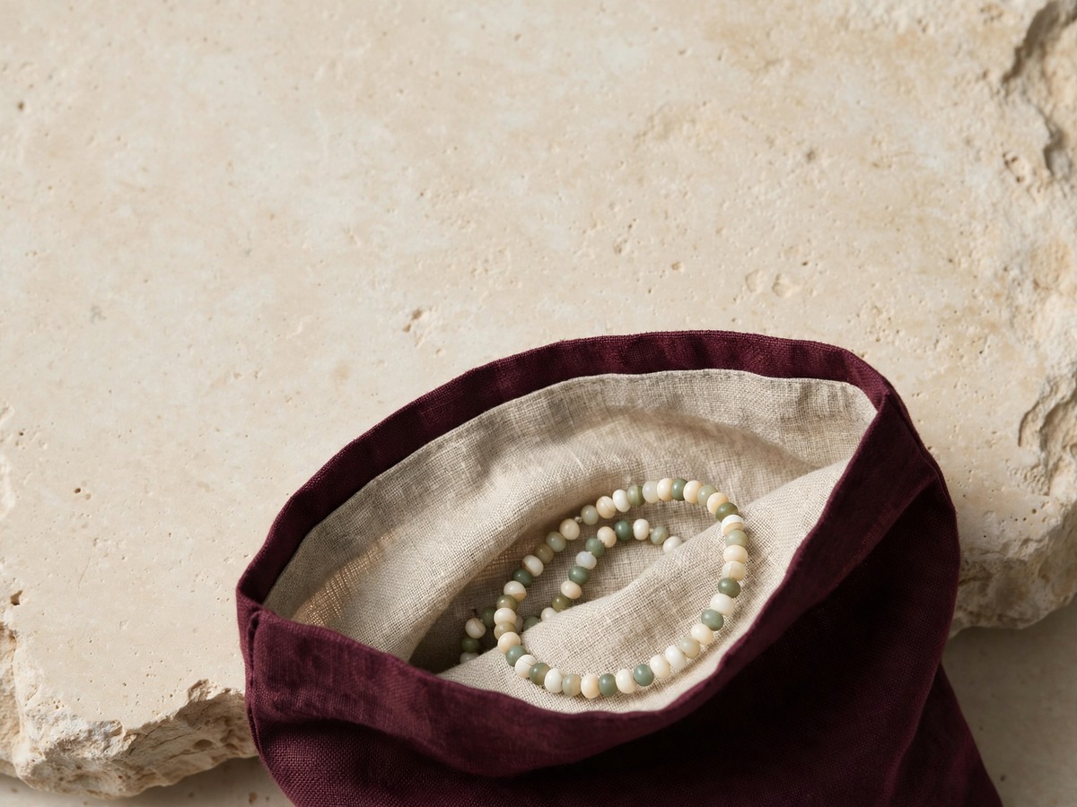 A finished strand tucked into a linen pouch